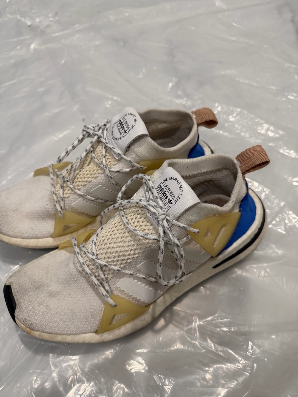adidas Off-White Mesh Sneakers with Blue Accents